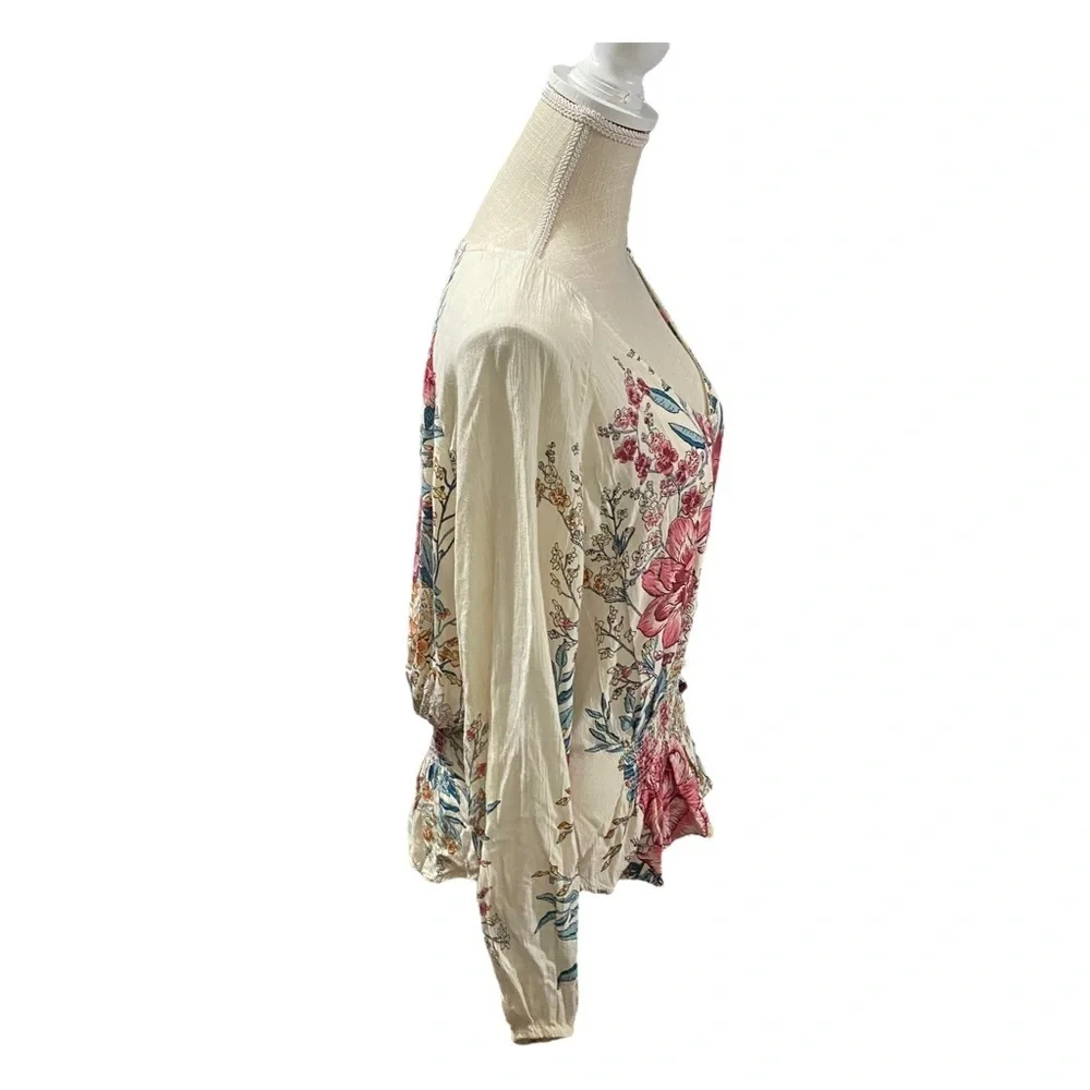 Billabong Play Day Women Cream Floral Long Sleeve Scoop Neck Crinkle Top Sz Sm - Picture 11 of 15